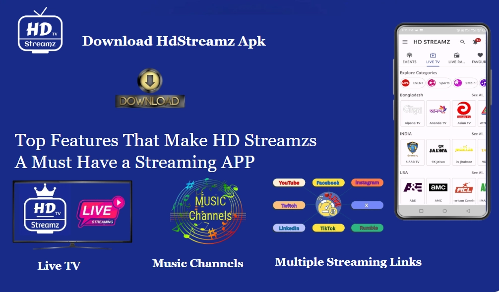 HD Streamz app live TV streaming interface on Android device